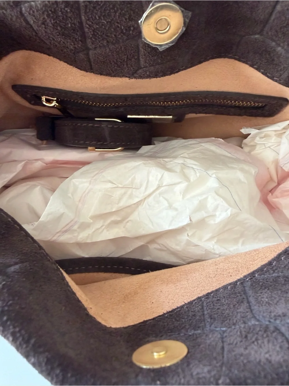 Dark Brown Suede crocodile embossed satchel Bag with gold Buckle and strap